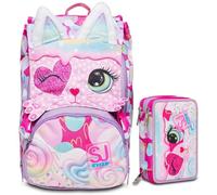 SJ Gang Mochila escolar extensible, rosa, Heart Lolly, doble compartimento, mochila escolar para niña + estuche triple compartimento