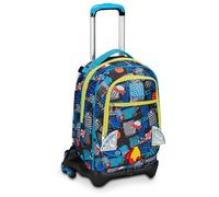 SJ Gang - Mochila escolar Jack de 3 ruedas, azul, Go to Space, 3 en 1, triple uso, mochila con carro desenganchable, bolsillo para botella y sistema cruzado, mochila escolar primaria, mochila para