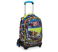 SJ Gang - Mochila escolar Jack de 3 ruedas, color negro y verde, Born To Fun, 3 en 1, triple uso, mochila con carro desmontable, bolsillo para botella y sistema cruzado, primaria, niño, Negro , Talla