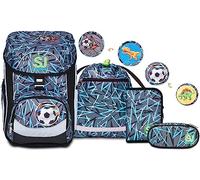 SJ GANG School Set UPDOWN BOX - Mochila THUNDERCHECK, ergonómico y sostenible, con correas ajustables para el hombro + estuche relleno + bolsa para bolígrafos