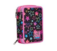 SJ Gang Stile Jam Gang - Estuche Escolar con 3 Cremalleras, Negro y Rosa, Colorido Panda, portalápices Triple Compartimento Completo con bolígrafos, lápices, Colores, Accesorios Mochila, elementales