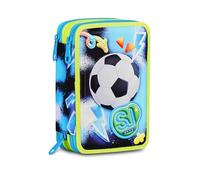 SJ GANG STYLE JAM GANG Estuche escolar 3 cremalleras 3D Glowgame, azul, triple compartimento, carcasa con balón de fútbol en relieve, portalápices equipado, 45 piezas, accesorios mochila, escuela