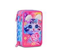 SJ GANG STYLE JAM GANG Estuche escolar con 3 cremalleras Cat&Air, rosa, portalápices triple compartimento completo con bolígrafos, lápices, colores, accesorios mochila, escuela primaria, niña, Rosa