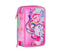 SJ GANG STYLE JAM GANG Estuche escolar con 3 cremalleras, fucsia, portalápices triple compartimento completo con bolígrafos, lápices, colores, accesorios, mochila, escuela primaria, niña, fucsia