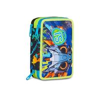 SJ GANG STYLE JAM GANG Estuche escolar con 3 cremalleras LED Look, azul, portalápices triple compartimento completo con bolígrafos, lápices, colores, accesorios, mochila, escuela primaria, niño