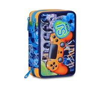SJ GANG STYLE JAM GANG Joyful Pins - Estuche escolar con 3 cremalleras para niño, azul, triple compartimento, 45 piezas, portalápices equipado, con lápices, bolígrafos y colores, accesorios de mochila
