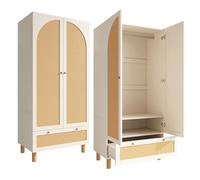 SJASD Armario con 2 Puertas Y RatáN,Estilo RúStico,Color Blanco,con CajóN Grande,Estantes Ajustables En Altura Y Barra para Ropa,Incluye ProteccióN Antivuelco,180 X 85 X 52 Cm