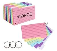 SJBAUTYO Fichas, 150 tarjetas perforadas de 3 x 5 pulgadas con 3 anillos de metal, tarjetas de colores variados para estudiar