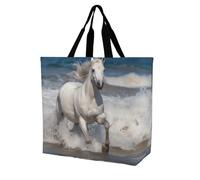 SJOAOAA Bolsa de compras unisex con diseño de caballo blanco corriendo en el mar para el hombro, bolsa de comestibles