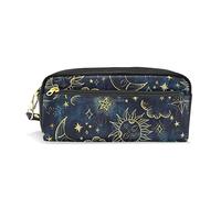 SJOAOAA Estuche de piel sintética con diseño de sol y luna dorada Soleil Cosmos Astrología en azul oscuro, estuche para lápices, bolsa de almacenamiento para bolígrafos, marcadores, bolsa de