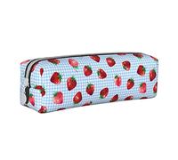 SJOAOAA Estuche para lápices con diseño de fresa en azul a cuadros, con cremallera, de cuero, para lápices, organizador de cosméticos, bolsa de almacenamiento, White, Talla única, Estuche de piel