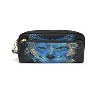 SJOAOAA Estuche para lápices de gran capacidad, con diseño de cabeza de lobo, color azul, boho, con compartimento y cremallera, organizador escolar, bolsa de papelería, ver imagen, Talla única,