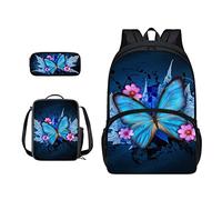 SJOAOAA Mochila para estudiantes con bolsa de almuerzo para escuela, libros, estuche para lápices, juego de mochila escolar 3 en 1, bolsa junior para senderismo, Blue Butterfly Flowe, Talla única,
