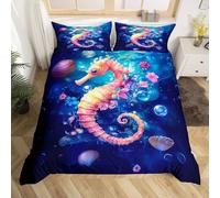 SJSXWQN Funda Nordica Cama 180 Caballito De Mar Azul Edredon Cama 180 para Niños Adultos con Cremallera Cómodo Transpirable Microfibra Fundas Nordicas 260x240 cm + 2 Fundas de Almohada 50x80 cm