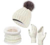 SK Studio Set de Gorro de Punto Caliente Pantalla Táctil Guantes Cuello Bufanda para Mujeres,Sombreros de Invierno Calentador de Cuello con Forro Polarnjunto de 3 Piezas, Blanco