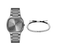 Skagen Hombre Reloj de Acero Inoxidable Gris Mellem y Pulsera de Cuero Plateado, Set