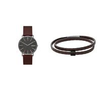 Skagen Hombre Signatur Rojo Cuero Reloj y Hulsten Plateado Acero Inoxidable Pulsera, Set