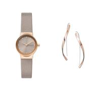 Skagen Mujer Freja Pequeño Gris Cuero Reloj y Kariana Rosado Dorado Acero Inoxidable Pendientes, Set