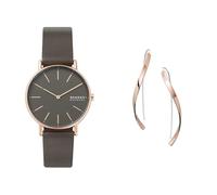 Skagen Mujer Signatur Gris Cuero Reloj y Kariana Rosado Dorado Acero Inoxidable Pendientes, Set