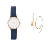 Skagen Mujer Signatur Pequeño Azul Cuero Reloj y Kariana Dorado Acero Inoxidable Pendientes, Set