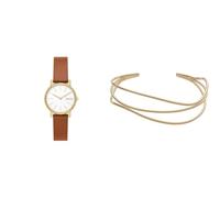 Skagen Mujer Signatur Pequeño Marrón Cuero Reloj y Kariana Dorado Acero Inoxidable Pulsera, Set