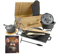 Skandika Dutch Oven Set Flame Master en caja de madera | 11 piezas, ya quemado, trípode, muchos accesorios | set de hierro fundido, parrilla, barbacoa
