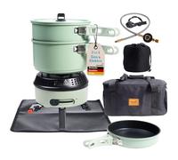 Skandika Hornillo de camping Rask | Hornillo híbrido para camping, 2 en 1, funciona con electricidad o gas, encendido piezoeléctrico, con utensilios de cocina (Set con base y bolsa | verde)