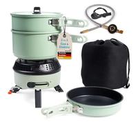 Skandika Hornillo de camping Rask | Hornillo híbrido para camping, 2 en 1, funciona con electricidad o gas, encendido piezoeléctrico, con utensilios de cocina (verde)
