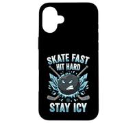 Skate Fast Hit Hard Stay Icy Angry Hockey Puck Art Carcasa para iPhone 16 Plus