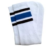 SKATERSOCKS Un par de calcetines de tubo blancos por encima de la rodilla con rayas negras y azul real, estilo 3, Blanco/Negro-Azul Real Rayas Estilo 3, 18