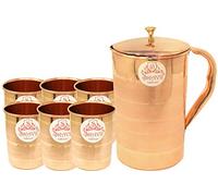 SKAVIJ Juego de jarra de cobre puro y 6 vasos de agua de estilo lujoso con tapa (1,6 litros)