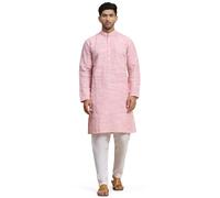SKAVIJ Pijama kurta de mezcla de algodón bordado para hombre, ropa tradicional india, Rosado, Medium