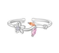 Skcess Anillo de oro blanco 9 K/14 K para mujer, cristal rosa, anillo ajustable de pétalos abiertos, 53 (16.9), Metal precioso, Cristal