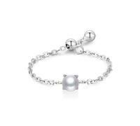 Skcess Anillos de oro blanco de 9 quilates para mujer, diseño de cadena ajustable blanca con perlas redondas solitarias para mujer, 6.5, Perla de oro blanco de 18 quilates, Circonita cúbica