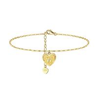 Skcess Cadena de tobillo para mujer de oro amarillo 375 de 9 quilates, resistente al agua, con corazón de oro Au375, con letras, cadena para el tobillo, brillante, verano, playa, pie, Oro amarillo 375