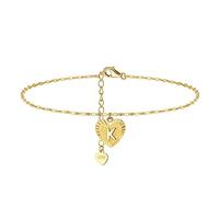 Skcess Cadena de tobillo para mujer de oro amarillo 375 de 9 quilates, resistente al agua, con corazón de oro Au375, con letras, cadena para el tobillo, brillante, verano, playa, pie, Oro amarillo 375
