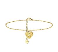 Skcess Cadena de tobillo para mujer de oro amarillo 375 de 9 quilates, resistente al agua, con corazón de oro Au375, con letras, cadena para el tobillo, brillante, verano, playa, pie, Oro amarillo 375