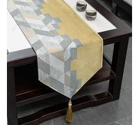 Skcess Camino de mesa de estilo chino, patrón geométrico con borlas, camino de mesa de poliéster, amarillo, lavable, para comedor, hotel, fiesta, decoración de mesa, 33 x 280 cm