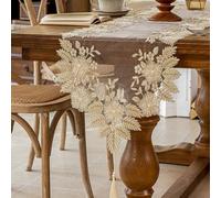 Skcess Mantel de camino de mesa beige y dorado, diseño de flores y hojas, con borlas, camino de mesa de poliéster, camino de mesa decorativo, para bodas, lavable, decoración de mesa, 40 x 90 cm