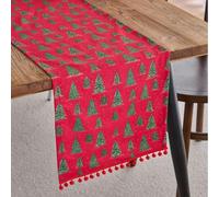 Skcess Table Runner 33 x 140 cm, patrón de árbol de Navidad impreso con borlas, camino de mesa de poliéster y algodón, camino de mesa decorativo para bodas, decoración de bodas, color rojo y verde