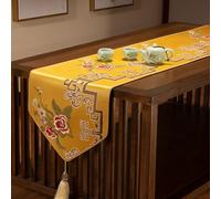 Skcess Table Runner 33 x 240 cm, estilo Zen, flores y hojas, patrón con borlas, camino de mesa de poliéster, camino de mesa para cocina, vintage, boda, decoración de mesa, dorado y amarillo