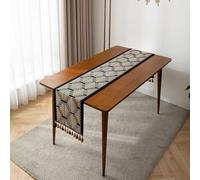 Skcess Table Runner Jacquard con patrón geométrico borlas, camino de mesa de poliéster dorado, tela decorativa estilo rústico, camino de mesa para comedor, fiesta y decoración de vacaciones, 35 x 300