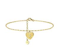 Skcess Tobillera boho mujer 18 K Au750 oro amarillo 750 oro corazón con letras tobilleras verano playa sandalia descalza para madre niña, Oro amarillo de 18 quilates (750), Sin circonita