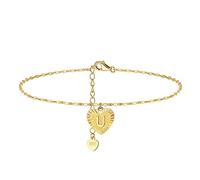Skcess Tobillera boho mujer 18 K Au750 oro amarillo 750 oro corazón con letras tobilleras verano playa sandalia descalza para madre niña, Oro amarillo de 18 quilates (750), Sin circonita