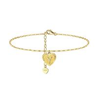 Skcess Tobillera boho mujer 18 K Au750 oro amarillo 750 oro corazón con letras tobilleras verano playa sandalia descalza para madre niña, Oro amarillo de 18 quilates (750), Sin circonita