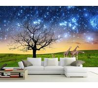 skdhlifpj Papel Pintado Fotográfico 3d Cielo Azul Estrellado 150cmx105cm Praderas Tropicales Verdes Árboles Blancos Y Negros Jirafas Tejido No Tejido Decoración Paredes Fotomurales