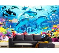 skdhlifpj Papel Pintado Fotográfico 3d Delfines En El Océano 430cmx300cm Delfines Ballenas Y Tiburones Azules En El Fondo Marino Acuario Tejido No Tejido Decoración Paredes Fotomurales