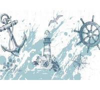 skdhlifpj Papel Pintado Fotográfico 3d Faro Mediterráneo Azul 250cmx175cm Gaviotas Minimalistas Dibujadas A Mano En Islas Oceánicas Vintage Tejido No Tejido Decoración Paredes Fotomurales