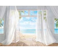 skdhlifpj Papel Pintado Fotográfico 3d Paisaje Marino Natural Más Allá De La Ventana 300cmx210cm Cielo Azul Nubes Blancas Y Cortinas Blancas Tejido No Tejido Decoración Paredes Fotomurales