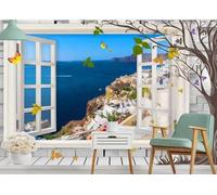 skdhlifpj Papel Pintado Fotográfico 3d Vista Desde Una Ventana Del Egeo 300cmx256cm Pueblo Costero Blanco Con Castillo Tejido No Tejido Decoración Paredes Fotomurales